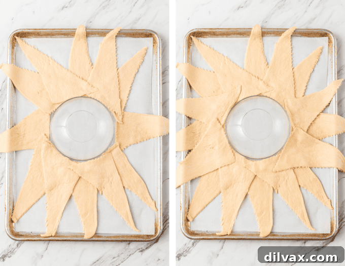 More process photos showing the crescent roll dough being arranged into a ring.