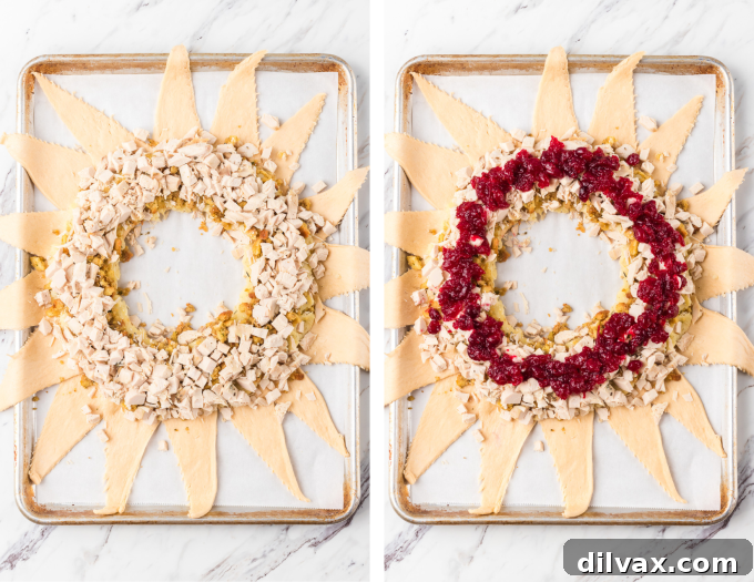 Fourth set of process photos for Turkey Crescent Ring, demonstrating how to fold the crescent rolls over the filling.