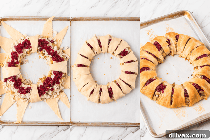 Process photos for a baked crescent full of turkey and all the fixings.