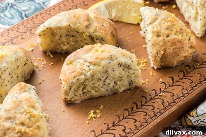 Poppy Seeds scones with lemon juice and a lemon glaze.