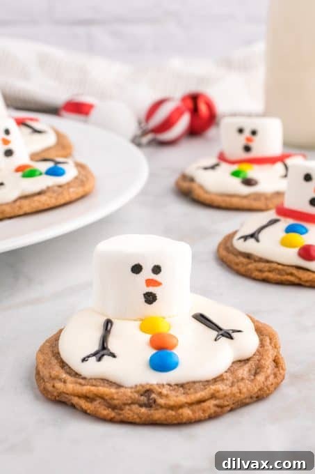 A festive holiday scene featuring a collection of melted snowman cookies on a decorative tray, creating a joyful and inviting display.