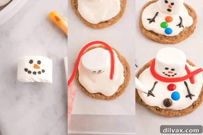 A two-part image illustrating the decoration process for melted snowman cookies: cutting the bottom off marshmallows to flatten them, and then drawing eyes and mouths with black icing on the marshmallow heads.