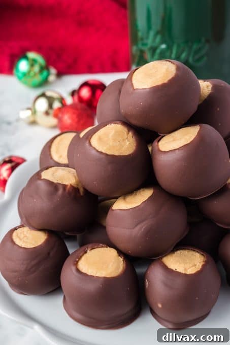 A charming plate adorned with several homemade Christmas Buckeyes, ready to be enjoyed.
