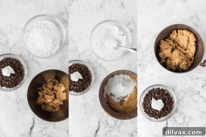 Step-by-step photos showing the process of mixing peanut butter dough, rolling balls, and inserting toothpicks.