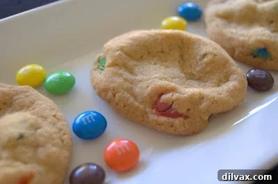 Close-up of a perfectly baked M&M cookie.