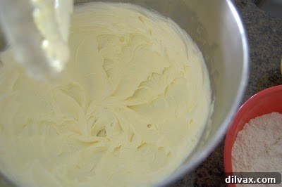 Creamed butter and shortening in an electric mixer, light and fluffy.
