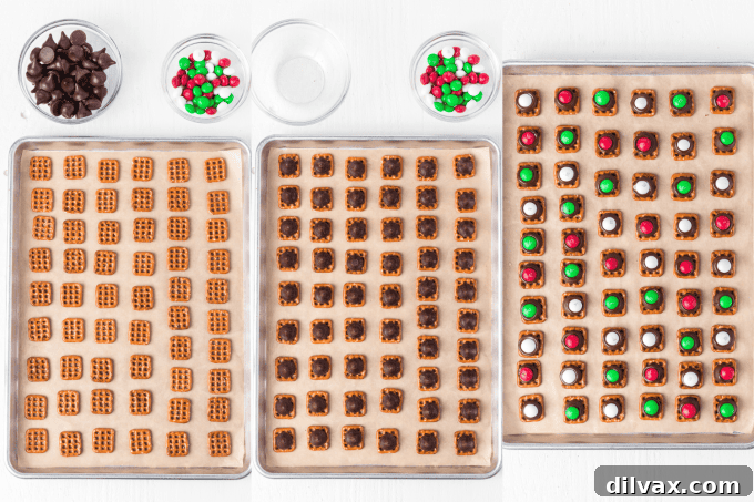 Sweet and Salty Pretzel Magic 6 Process shots for making 3 Ingredient Pretzel Hugs, showing Kisses melting on pretzels and M&M's being added.