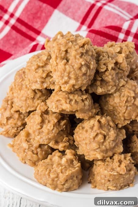 Close up of freshly made No Bake Peanut Butter Cookies.