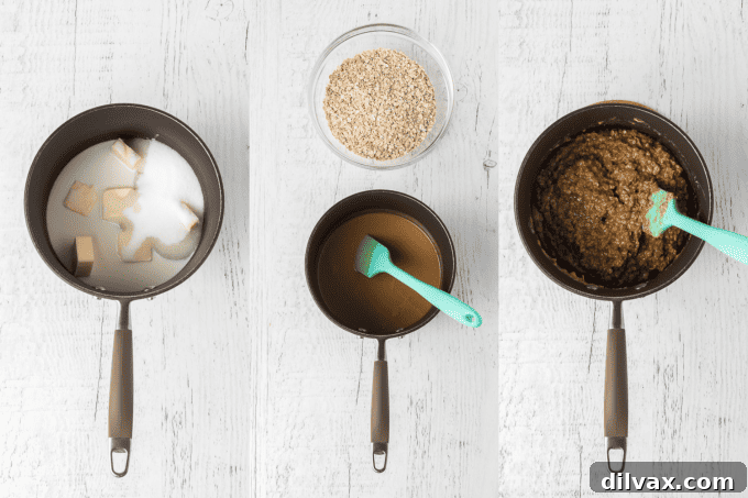 Step-by-step process photos for making No Bake Peanut Butter Cookies.