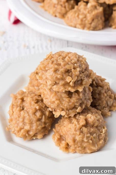 A batch of no-bake cookies made with peanut butter and oats.