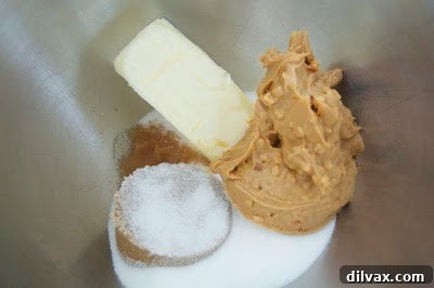 Creaming butter, peanut butter, and sugars in a mixer bowl
