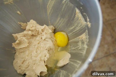 Adding an egg to the cookie dough mixture