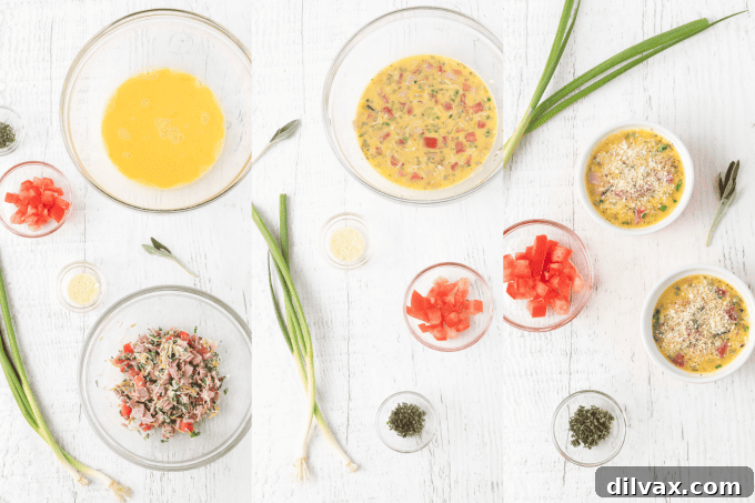 Step-by-step process photos for preparing Sage and Ham Baked Eggs.