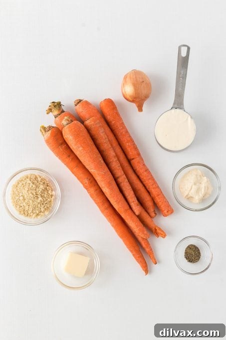 Fresh, vibrant ingredients laid out for Horseradish Carrots, prepared for mixing.