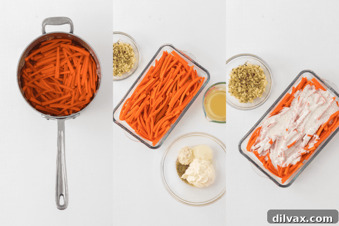 Process photos illustrating the preparation steps for Horseradish Carrots, from boiling to mixing.