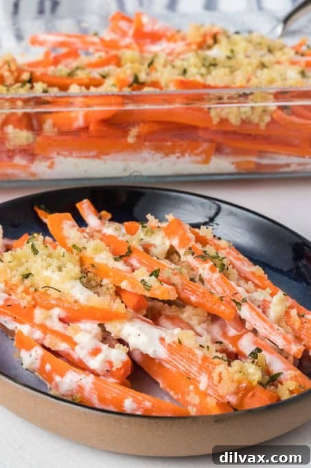 Panko bread crumbs and horseradish sauce combine to create a uniquely flavorful and textural carrot side dish.