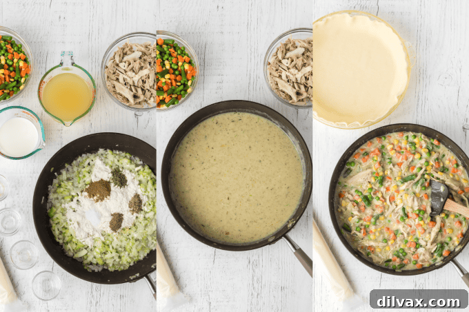 Comforting Turkey Pot Pie 5 First set of process photos for making Turkey Pot Pie, showing sauteing vegetables.