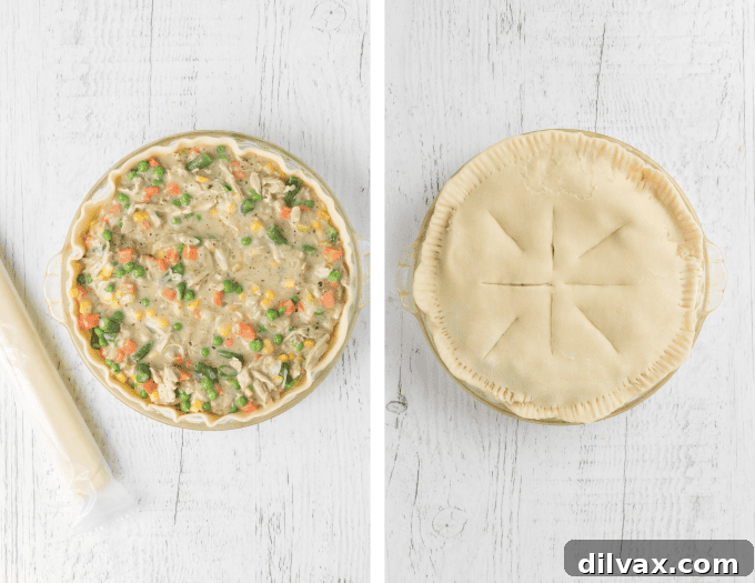 Comforting Turkey Pot Pie 6 Second set of process photos for Turkey Pot Pie, showing filling the pie crust.