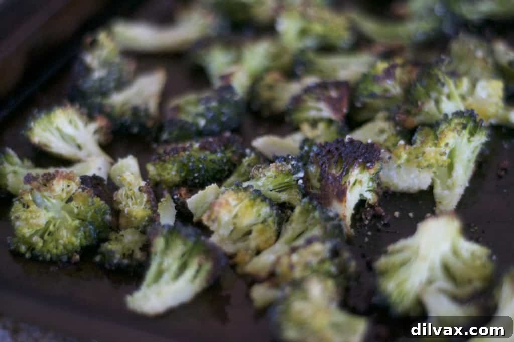 Roasted Parmesan Broccoli - Tender broccoli florets tossed with garlic powder, olive oil, and savory Parmesan cheese, then roasted until perfectly crispy and flavorful.