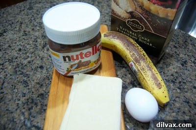 Ingredients laid out: puff pastry, banana slices, Nutella, egg wash ingredients.