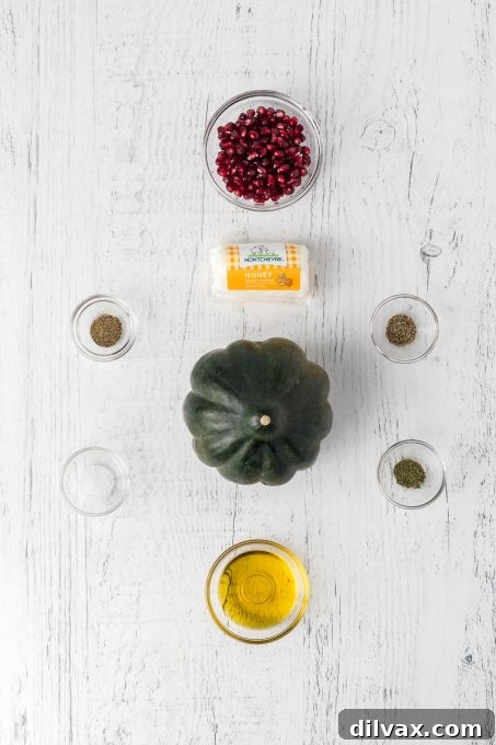 Ingredients for Roasted Acorn Squash with Goat Cheese and Pomegranate.