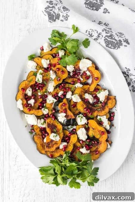 A plate of acorn squash with goat cheese, pomegranate arils and parsley.