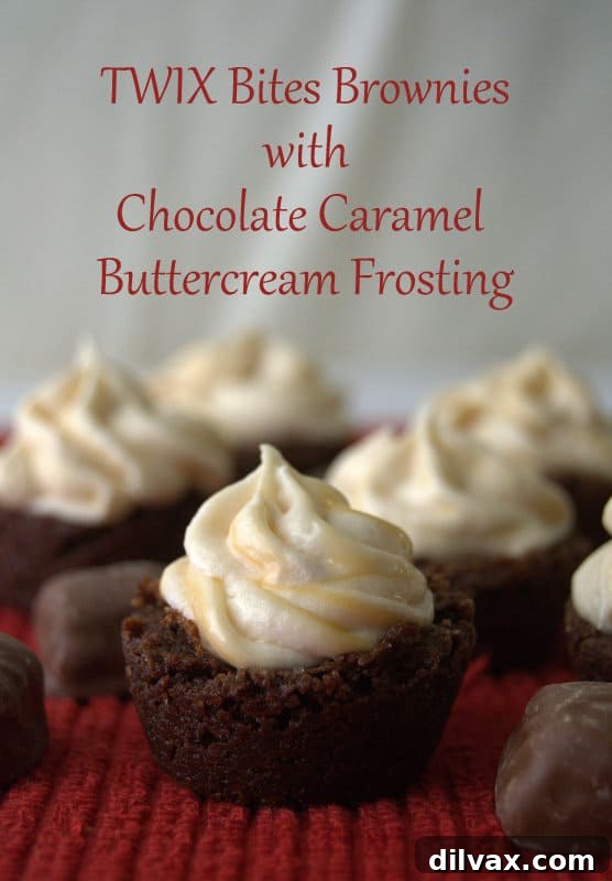 Close-up of a TWIX Bites Brownie, showing the embedded TWIX Bite and creamy frosting.