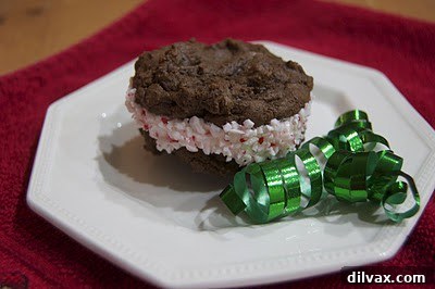 Peppermint Vanilla Bean Double Chocolate Delights 2 Double Chocolate Peppermint Sandwich Cookies with Whipped Cream Filling