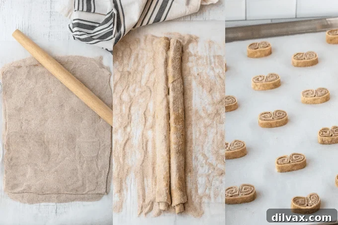 Process shots for making Cinnamon Sugar Palmiers: rolling, sprinkling, folding