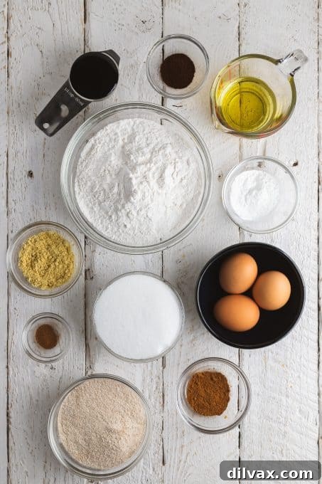 Assortment of ingredients for gingerbread biscotti, including molasses, spices, and flour.