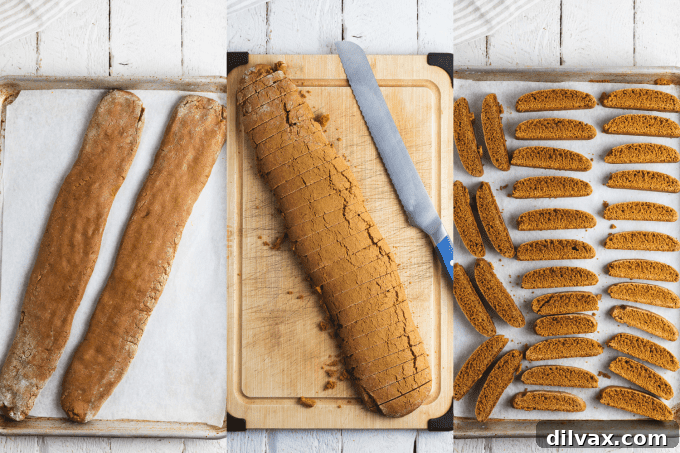 Step-by-step process photos showing how to make ginger biscotti dough and logs.