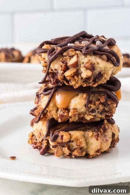 Golden Caramel Thumbprint Bites 13 Caramel Thumbprint Cookies arranged on a holiday platter, ready for entertaining guests.