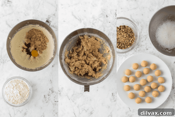 Golden Caramel Thumbprint Bites 5 Step-by-step process photos showing the making of Caramel Thumbprint Cookies, including mixing dough, rolling in pecans, and making indentations.