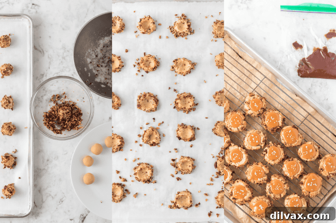 Golden Caramel Thumbprint Bites 6 The second series of process photos for Caramel Thumbprint Cookies, showcasing the caramel sauce preparation, chocolate melting, and final assembly.