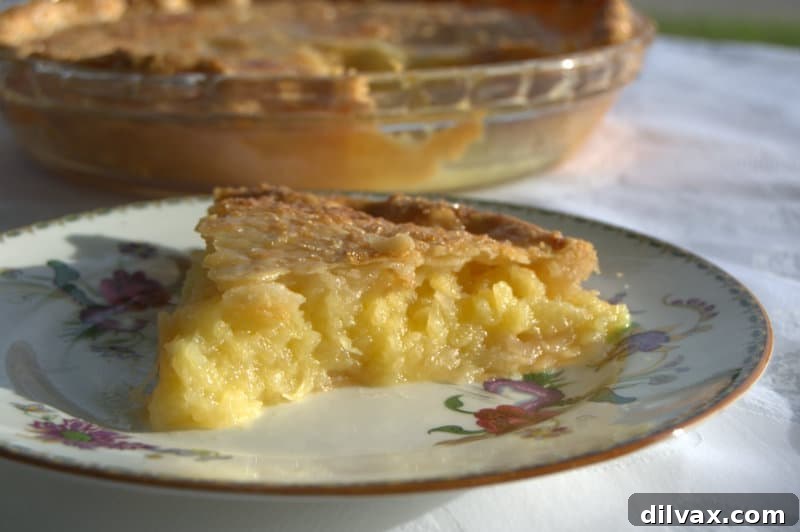 Golden Pineapple Pie 5 A close-up of a generous slice of Pineapple Pie, perfectly cut and ready to be eaten, showing the chunky fruit filling and golden brown crust.