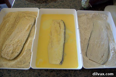 Coating eggplant in breadcrumbs
