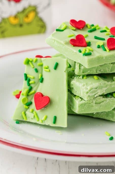 A festive plate of Grinch Bark, a simple holiday dessert