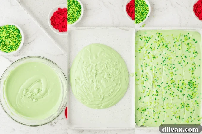 Grinch's Heart-Melting Bark 5 Step-by-step process photos showing how to make 3 Ingredient Grinch Bark.