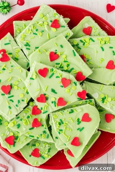 Grinch themed candy bark with only 3 ingredients, ready to eat.