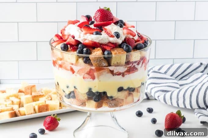 Classic Berry Trifle with layers of fruit, cake, and cream