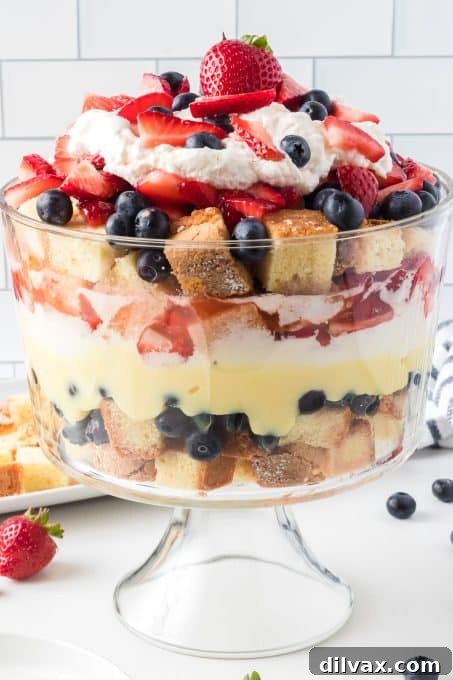 Beautiful Berry Trifle layers in a glass bowl