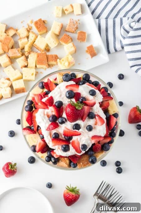 A vibrant red, white, and blue summer dessert ready to serve