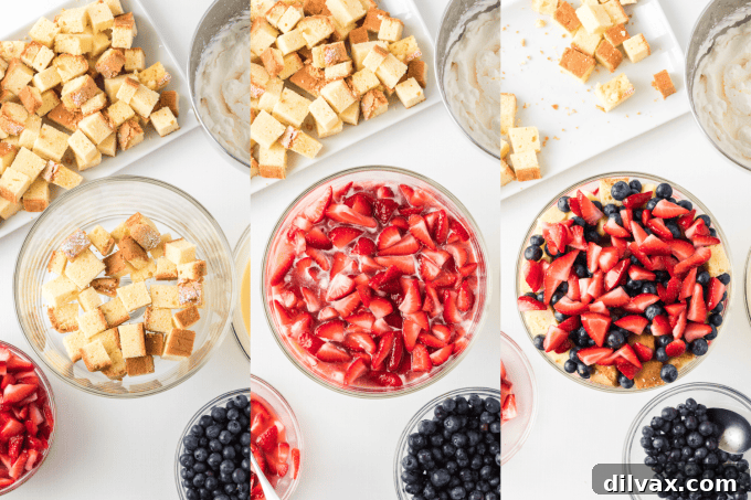Process photos showing the assembly of a Berry Trifle