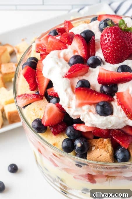 Close-up of a Berry Trifle slice with visible layers
