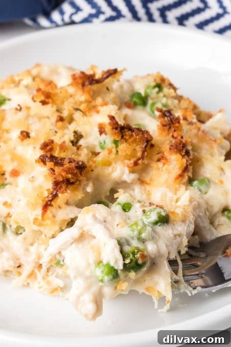 Close-up of baked Chicken Alfredo Casserole