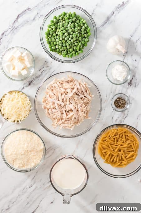 Ingredients laid out for Chicken Alfredo Casserole