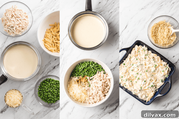 Step-by-step process photos for Chicken Alfredo Casserole preparation