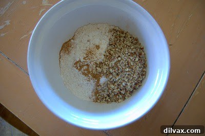Whisking flour, cinnamon, and pecans together in a bowl for shortbread