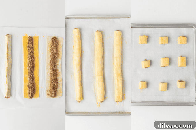 Second stage of Sausage Rolls preparation: filling puff pastry strips