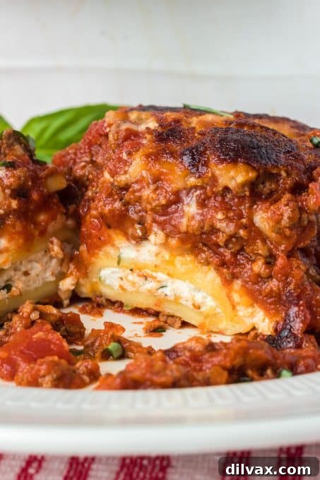 A close-up shot of the bubbly, golden-brown cheese topping of the Ravioli Lasagna.